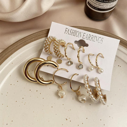 HOME BOX- Combo Of 9 Stunning Gold Plated Pearl Studs and Hoop Earrings