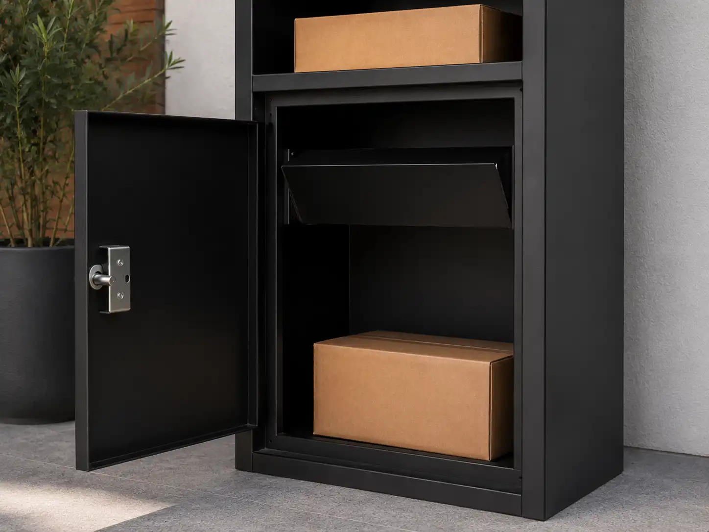 Anti-theft parcel box with lockable door and secure package storage area