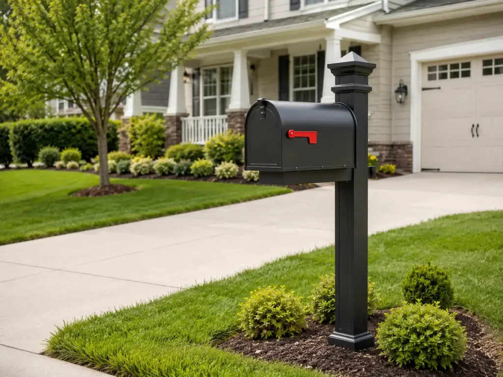 Black curbside mailbox installed beside a suburban driveway for standard home mail delivery.