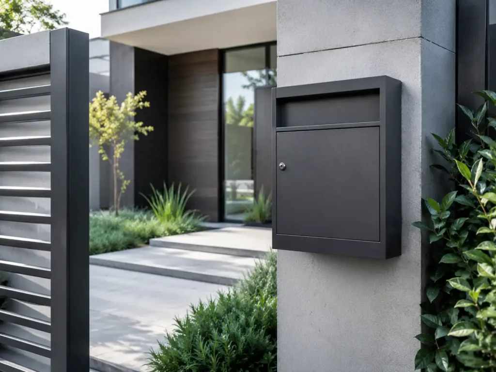 Custom metal mailbox installed at a modern home entrance with a clean architectural design.
