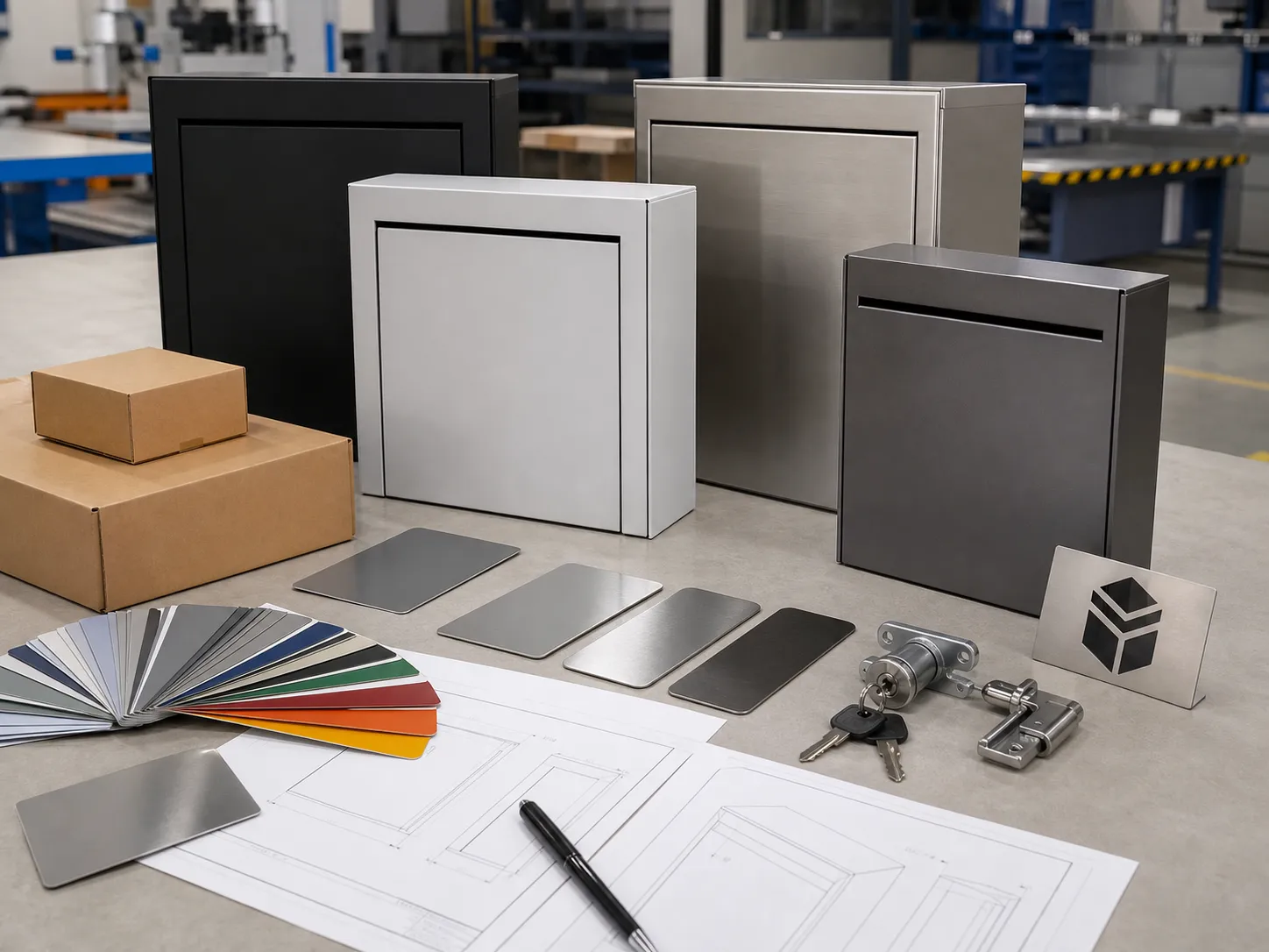Custom parcel box samples with metal finishes, color swatches, locks, hinges, drawings, and packaging for OEM manufacturing
