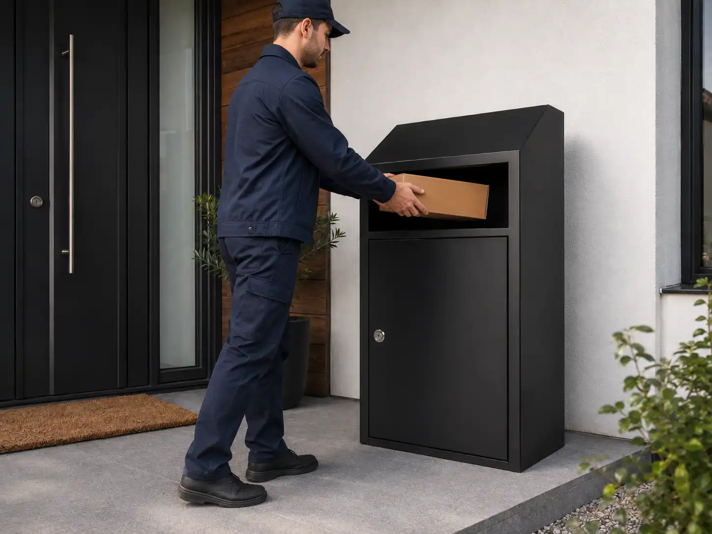 Delivery worker placing a package into a locking parcel box at a home entrance
