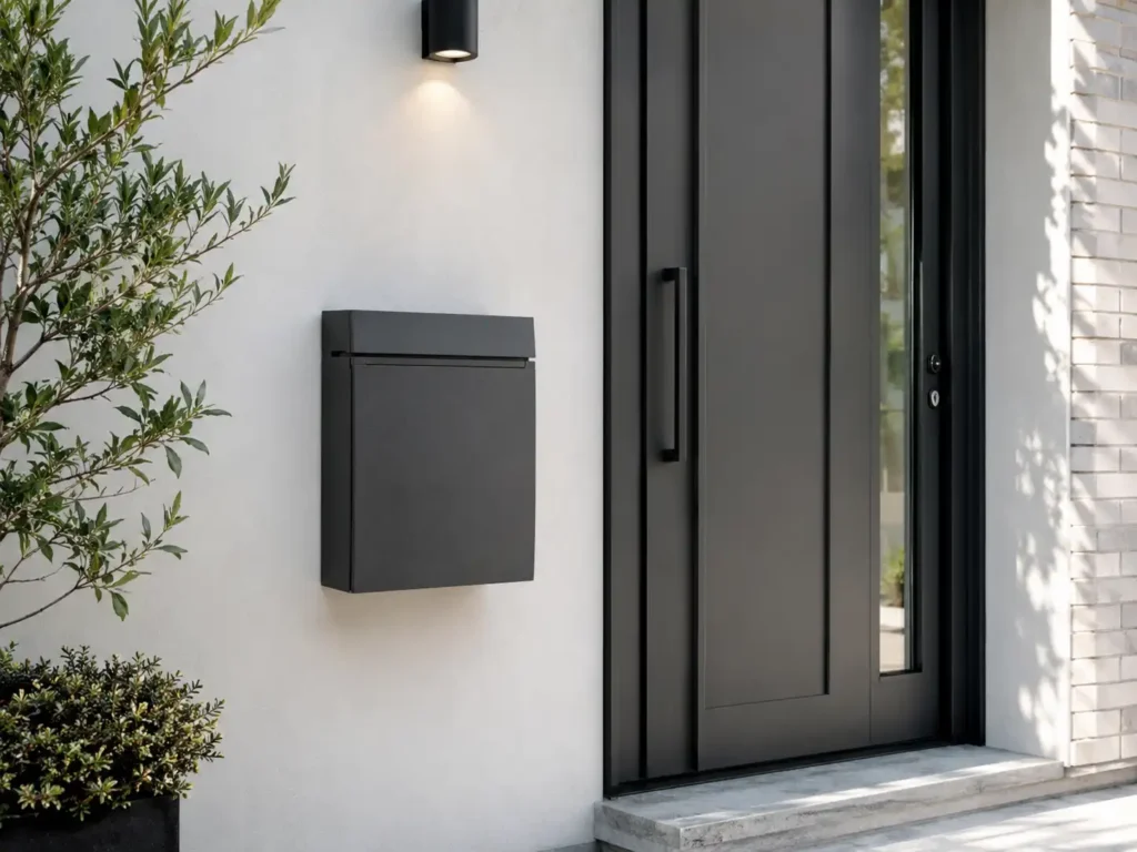 Modern wall-mounted mailbox installed beside a front door for small home mail delivery.