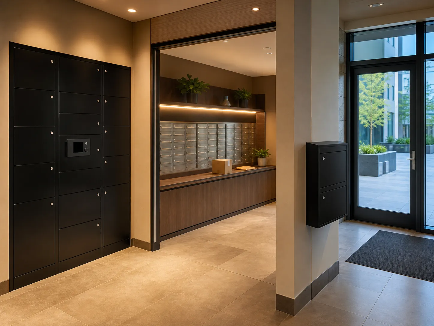 Secure parcel boxes and mailbox compartments installed in a modern apartment lobby and shared building entrance