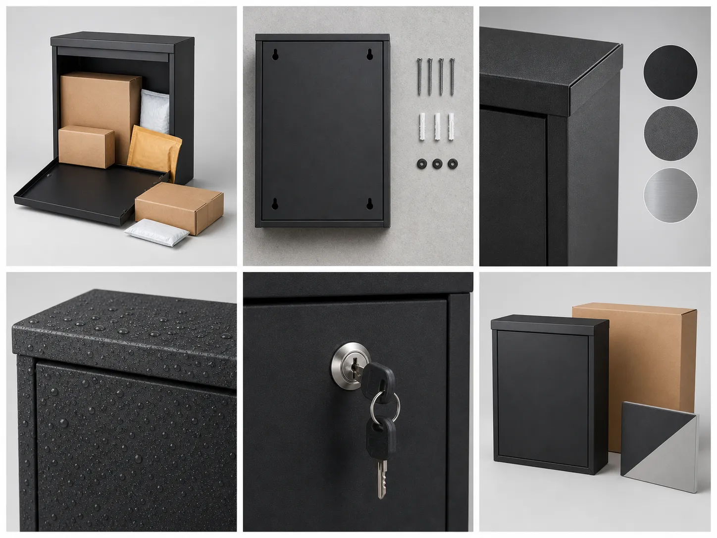 Parcel box buying factors including capacity, wall mounting, metal finish, weather resistance, lock security, and customization options
