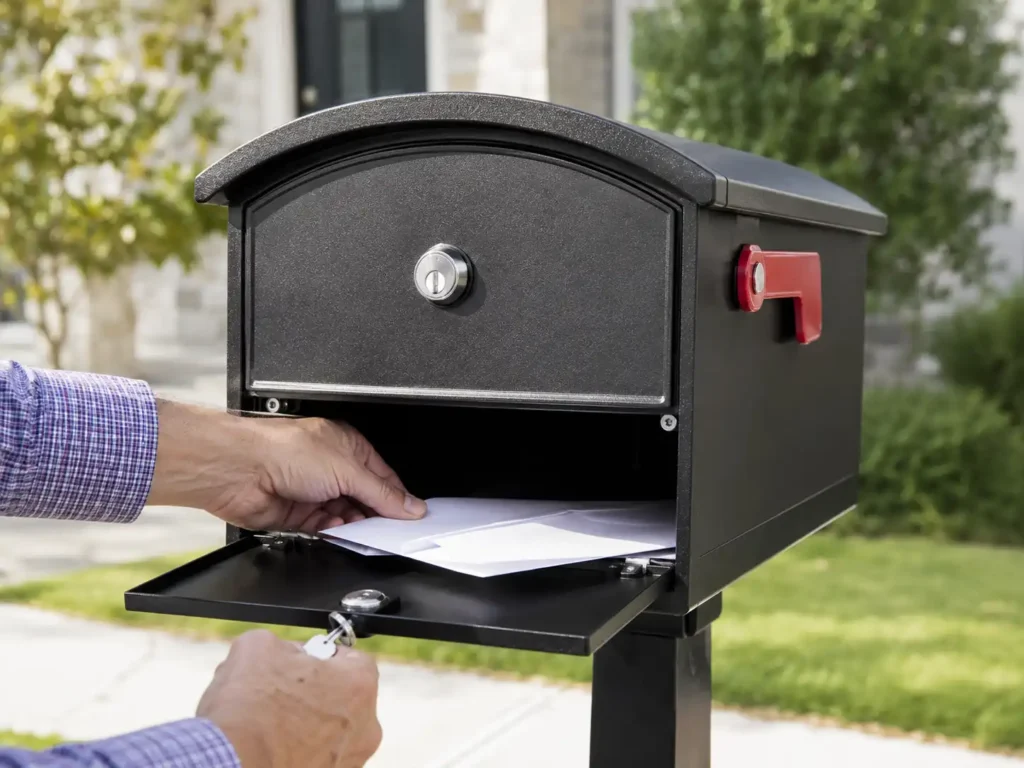 Homeowner opening a secure locking mailbox to collect letters and protect daily mail.
