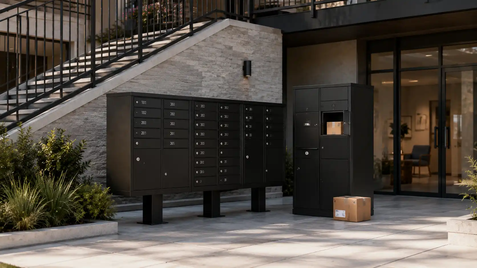 Centralized apartment mailboxes and parcel lockers installed outside a multifamily residential building