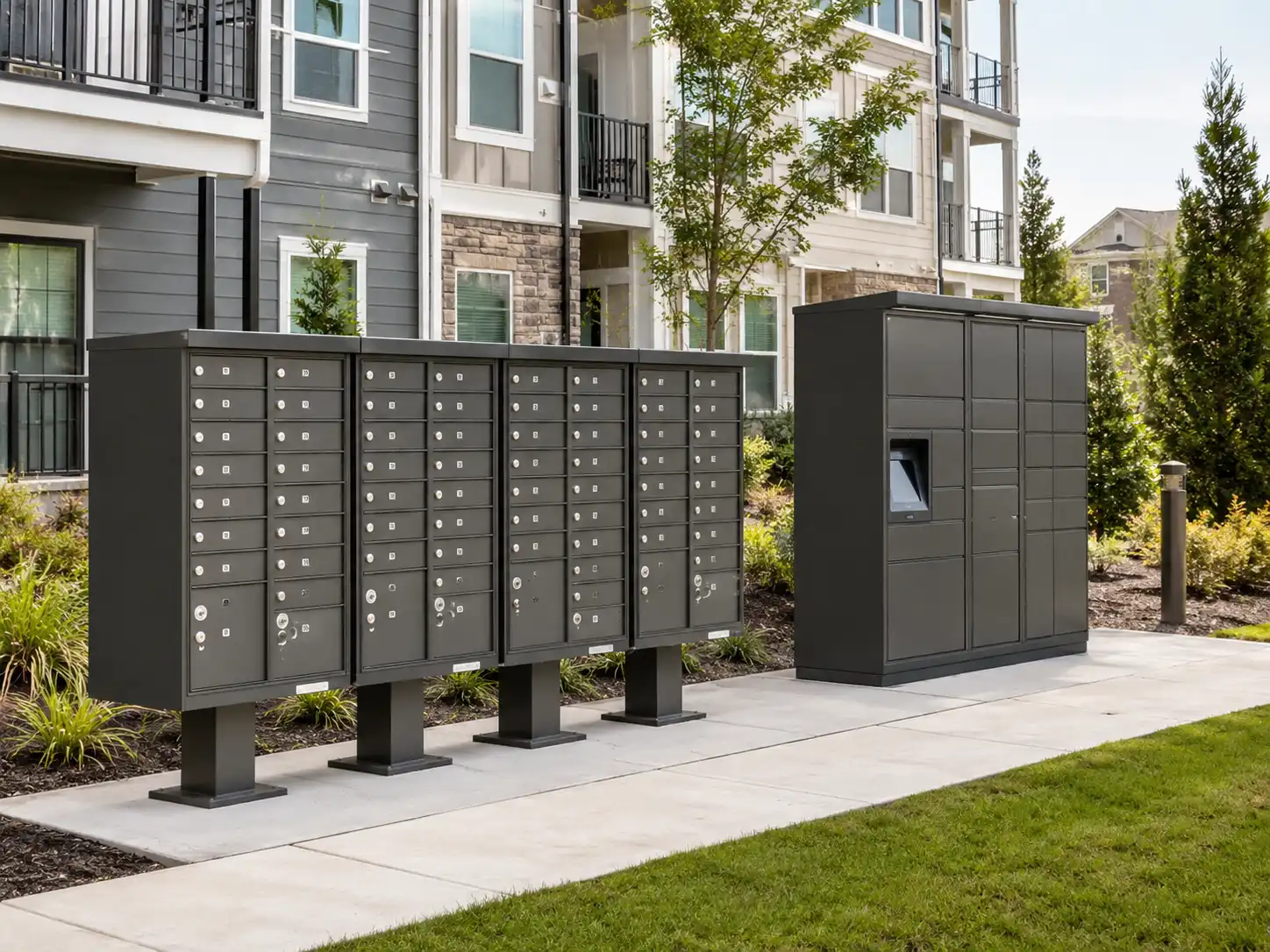 Centralized community mailboxes and parcel lockers installed outside a modern apartment building