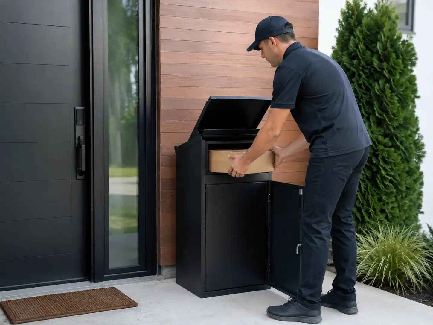 Delivery driver placing a package into a secure home parcel box beside a residential entrance