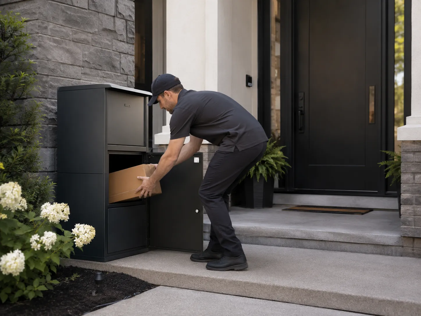 Delivery driver placing a package into a secure parcel box beside a modern front door
