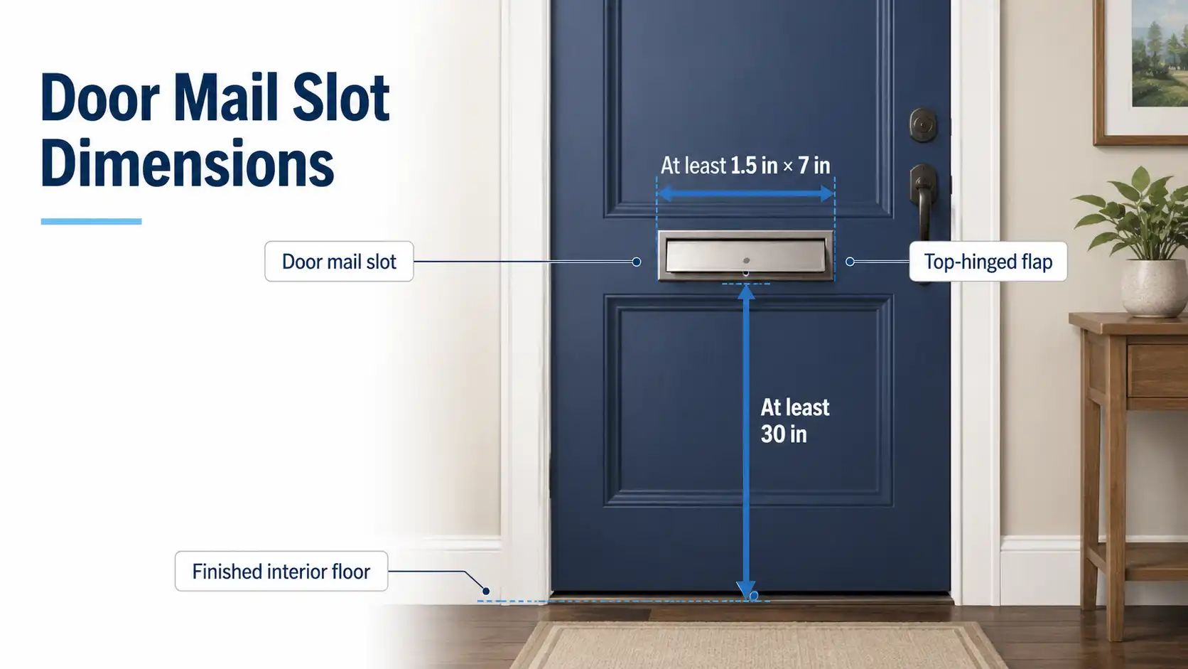 Door mail slot with a minimum opening of 1.5 by 7 inches and a minimum height of 30 inches above the finished floor