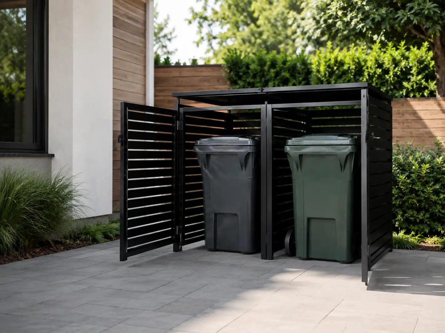 Open black metal enclosure with separate doors for two trash and recycling bins