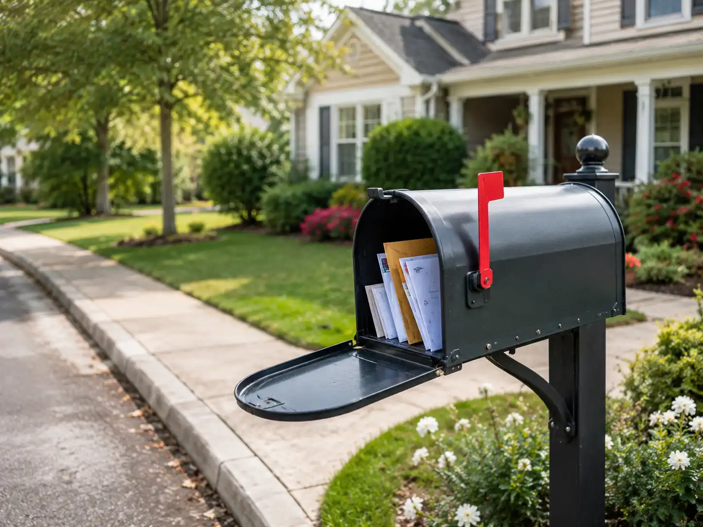 Open curbside home mailbox holding letters and small mailers in a residential neighborhood