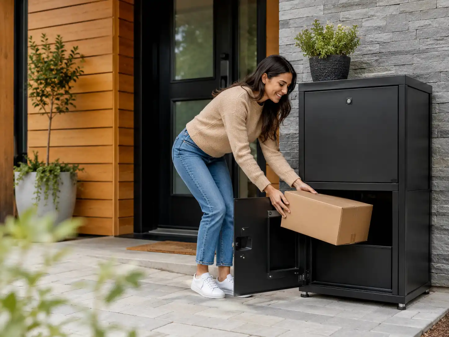 Homeowner retrieving a delivered package from a locking parcel box near the front door