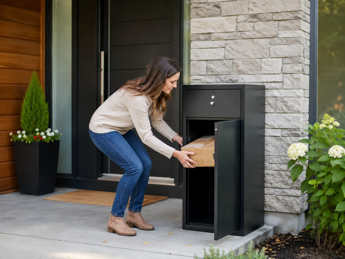 Homeowner taking a delivered package from a locking parcel box near the front door