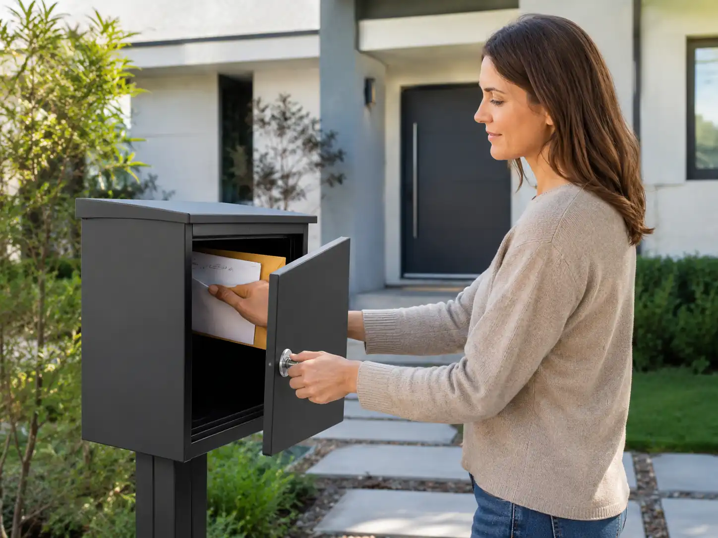 Homeowner collecting mail from a locking metal mailbox outside a modern residential home
