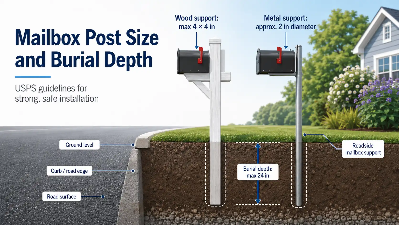 Wooden and metal mailbox posts showing a maximum 4 by 4 inch wood support, 2 inch metal pipe, and 24 inch burial depth