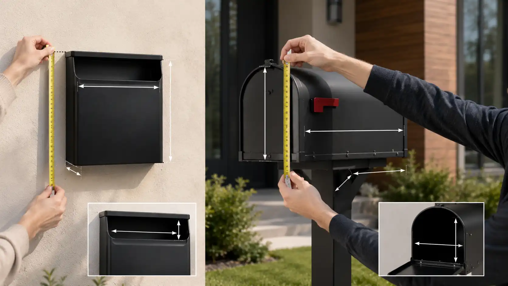 Measuring the width, height, depth, opening, and interior space of wall-mounted and curbside mailboxes