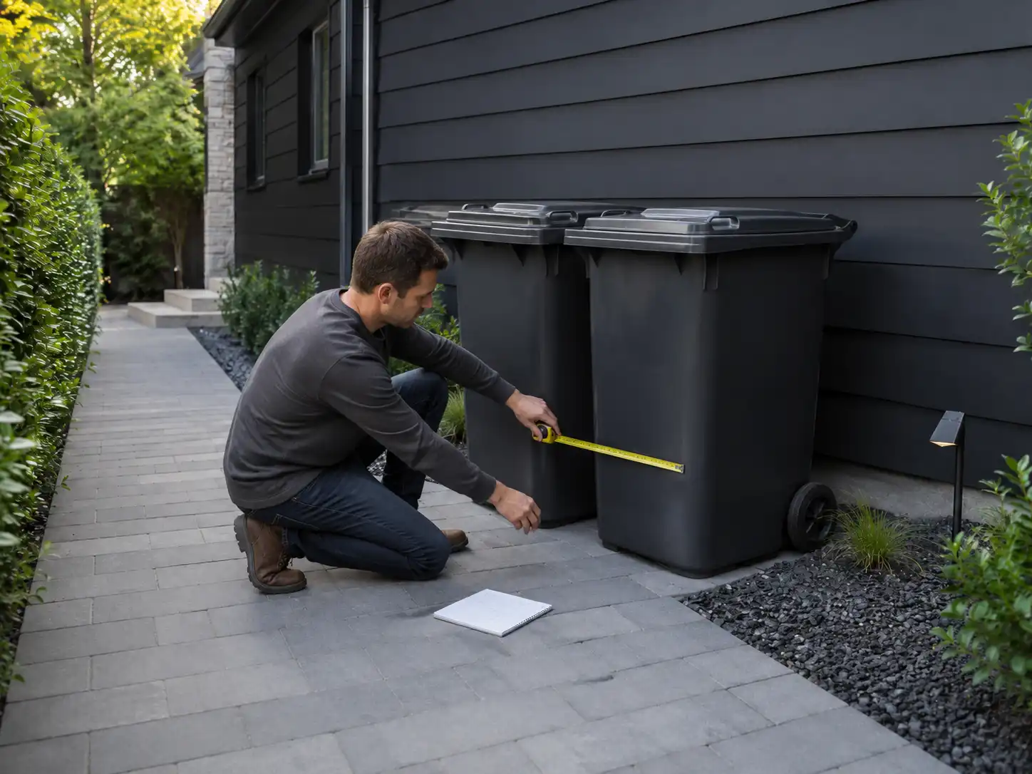 Homeowner measuring two wheeled trash cans before planning a custom metal trash bin enclosure
