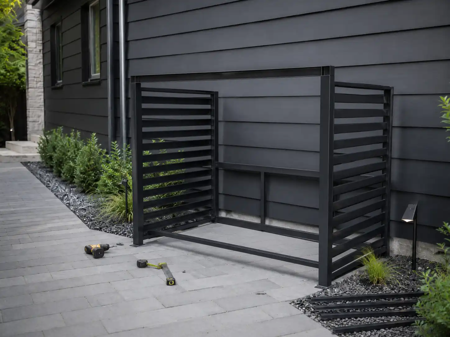 Powder-coated metal frame and slatted side panels being assembled for an outdoor trash bin enclosure
