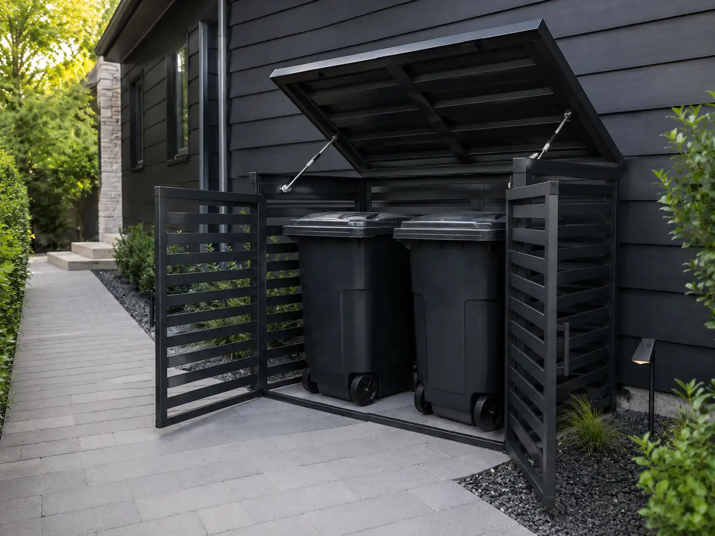 Double metal trash bin enclosure with open front doors and a hydraulic lift-up top lid