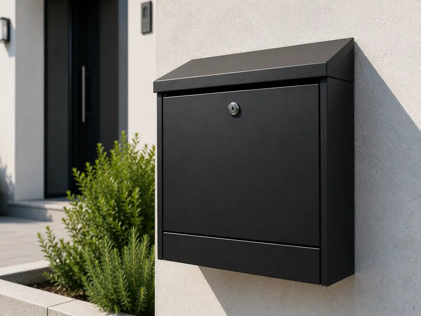 Modern black metal locking mailbox mounted near a home entrance for secure outdoor mail delivery