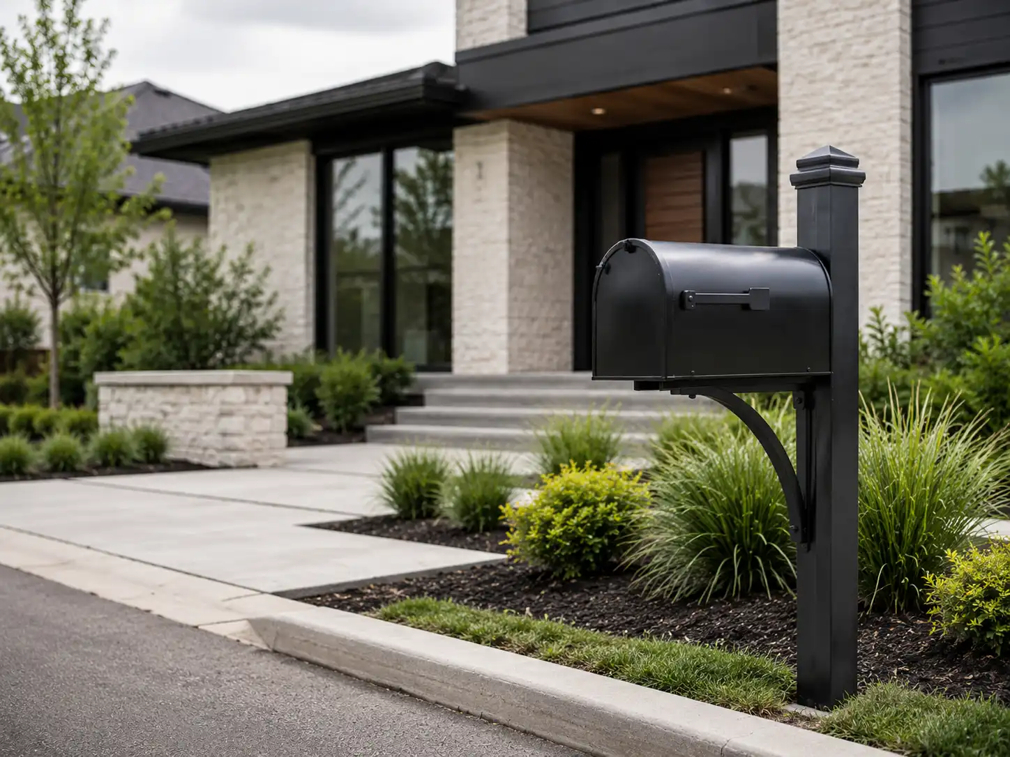 Modern black metal mailbox post matched with a curbside mailbox in a landscaped front yard.