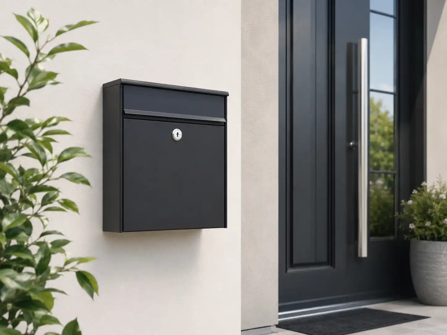 Black metal wall-mounted mailbox installed near a front door for modern residential mail delivery.