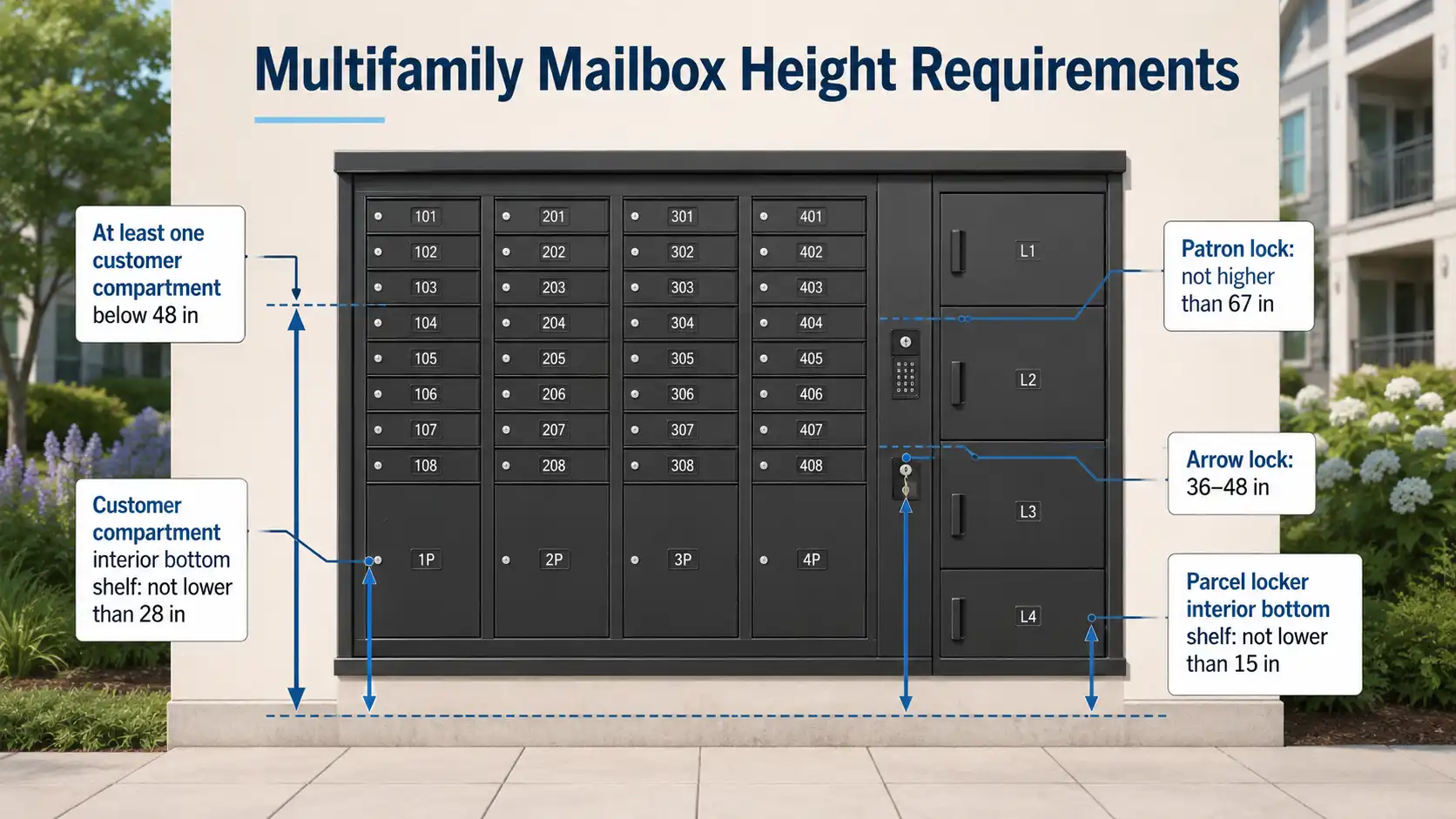 Multifamily mailbox and parcel locker system showing customer compartment, patron lock, Arrow lock, and parcel locker height requirements