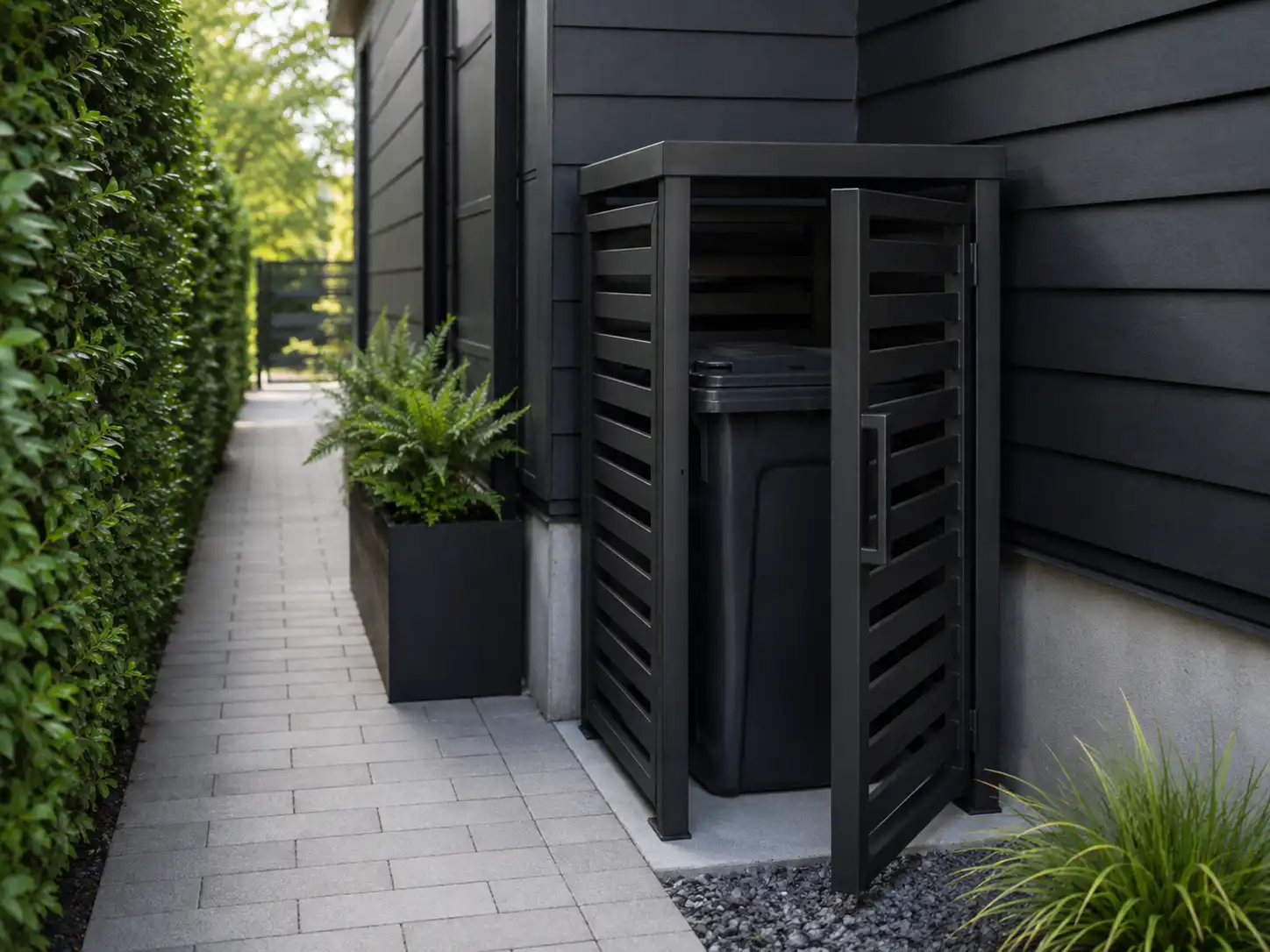 Slim black metal enclosure storing one trash can in a narrow side yard beside a house