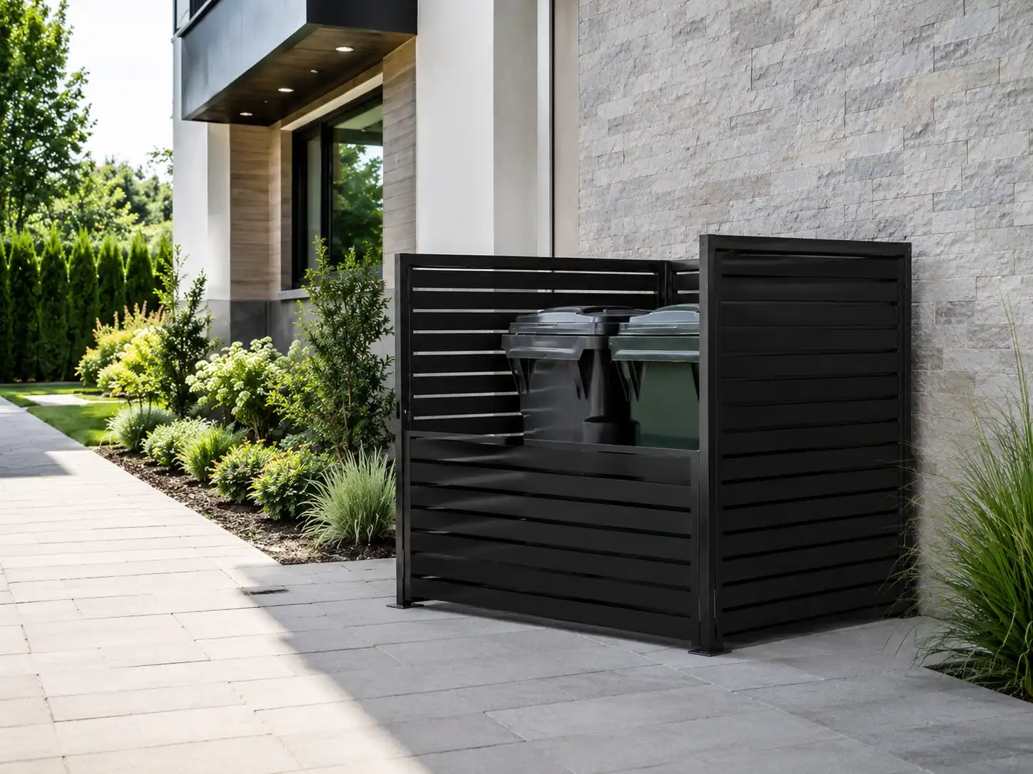 Black slatted privacy screen hiding two outdoor trash cans beside a modern house
