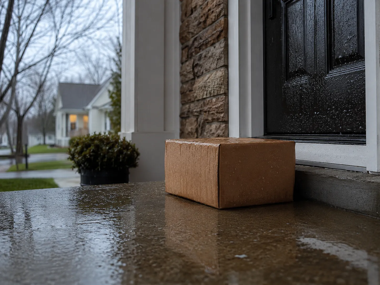 Cardboard package left outside on a wet front porch showing the risk of door delivery in bad weather