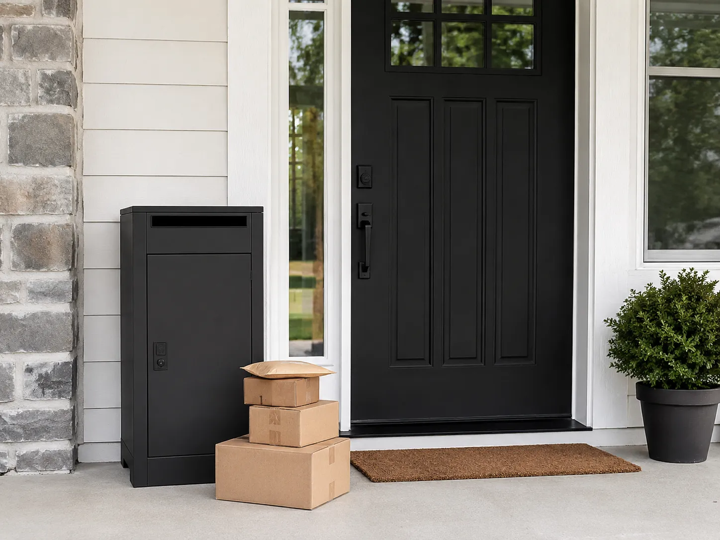 ecure parcel box beside a front door with multiple packages for daily home delivery