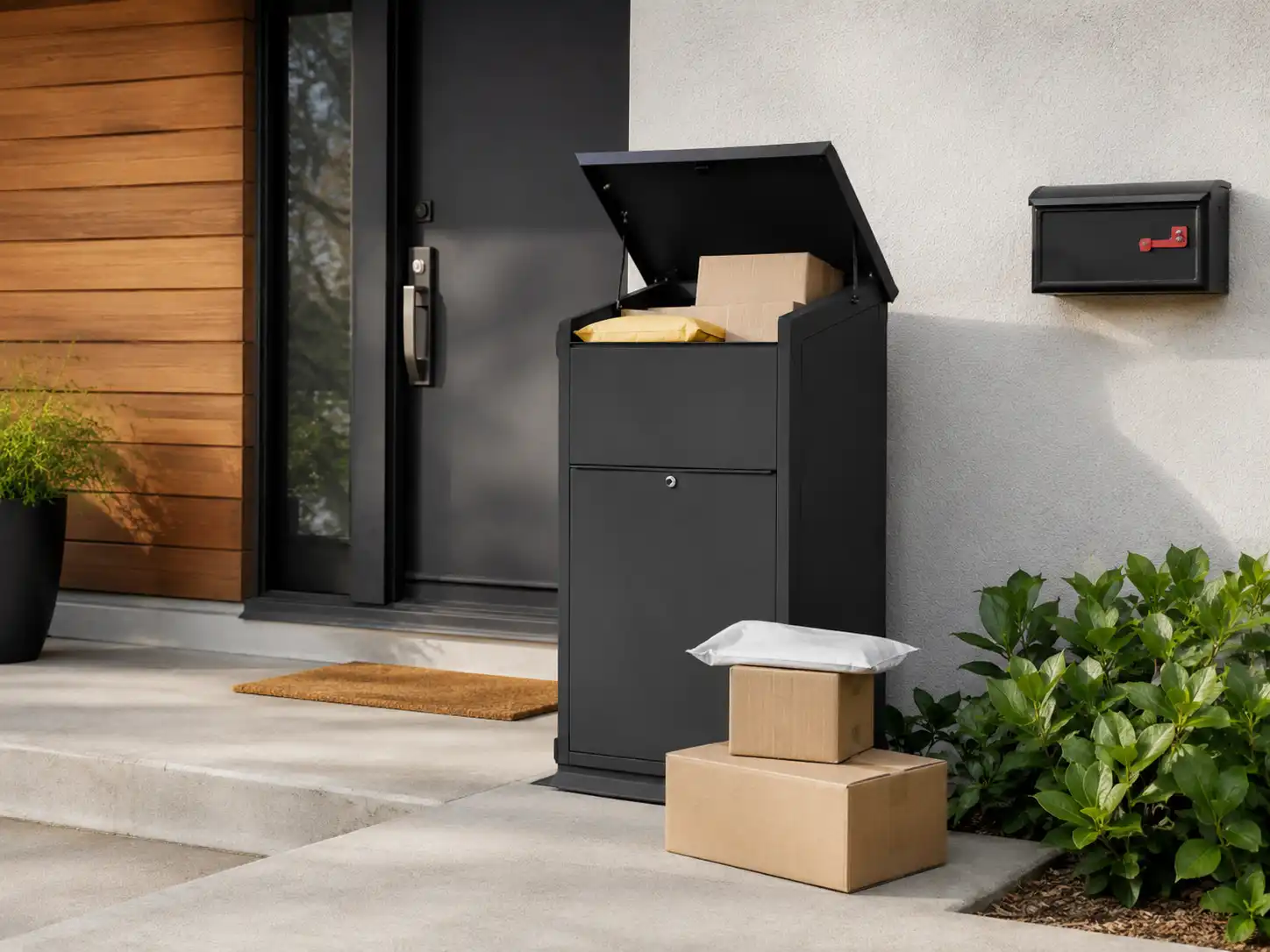 Secure parcel box beside a front door with packages showing a better solution for frequent home deliveries