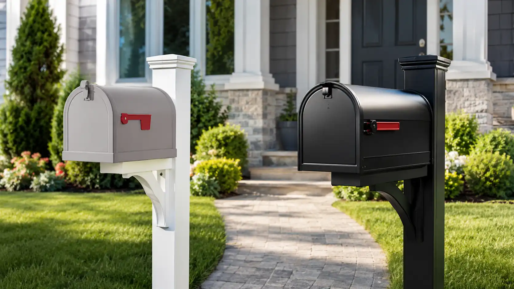 Plastic mailbox and metal mailbox displayed side by side outside a residential home for material comparison