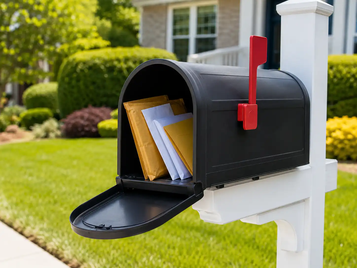 Plastic residential mailbox with letters and small mailers showing a simple option for daily home mail delivery