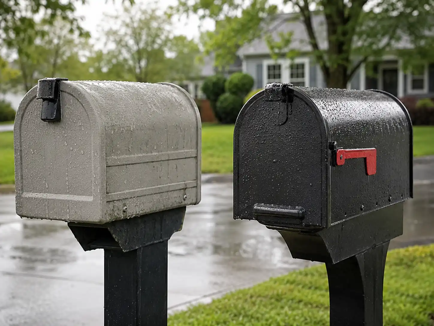 Plastic and metal mailboxes in rainy weather showing outdoor weather resistance comparison