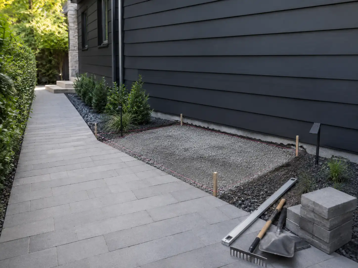 Level gravel and paver base being prepared beside a house for a metal trash bin enclosure installation