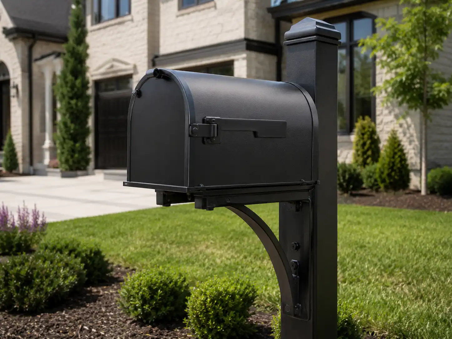 Reinforced black metal mailbox post supporting a heavy mailbox for long-term outdoor stability.