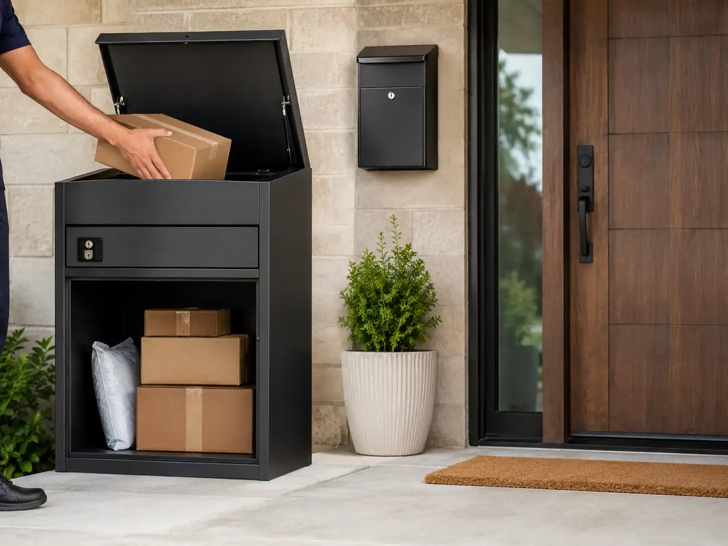 Large secure parcel box beside a front door receiving packages for home delivery protection