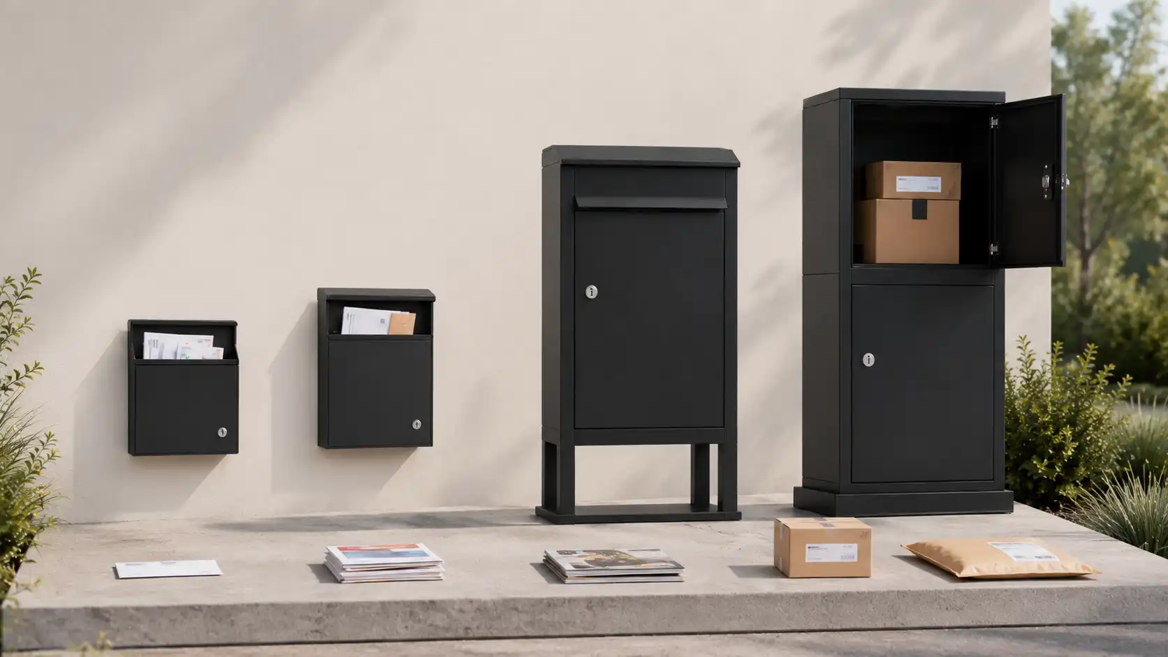 Small, medium, large, and extra-large mailboxes compared with letters, magazines, and parcels