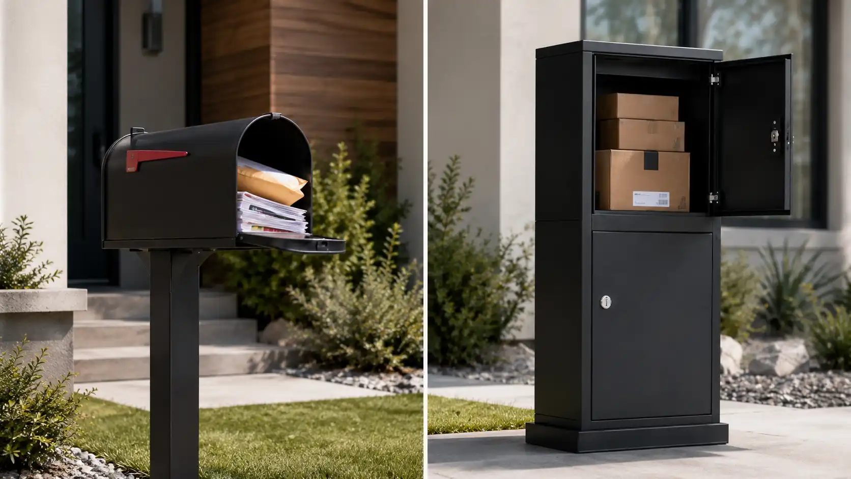 Standard curbside mailbox for letters compared with a secure parcel box for package deliveries