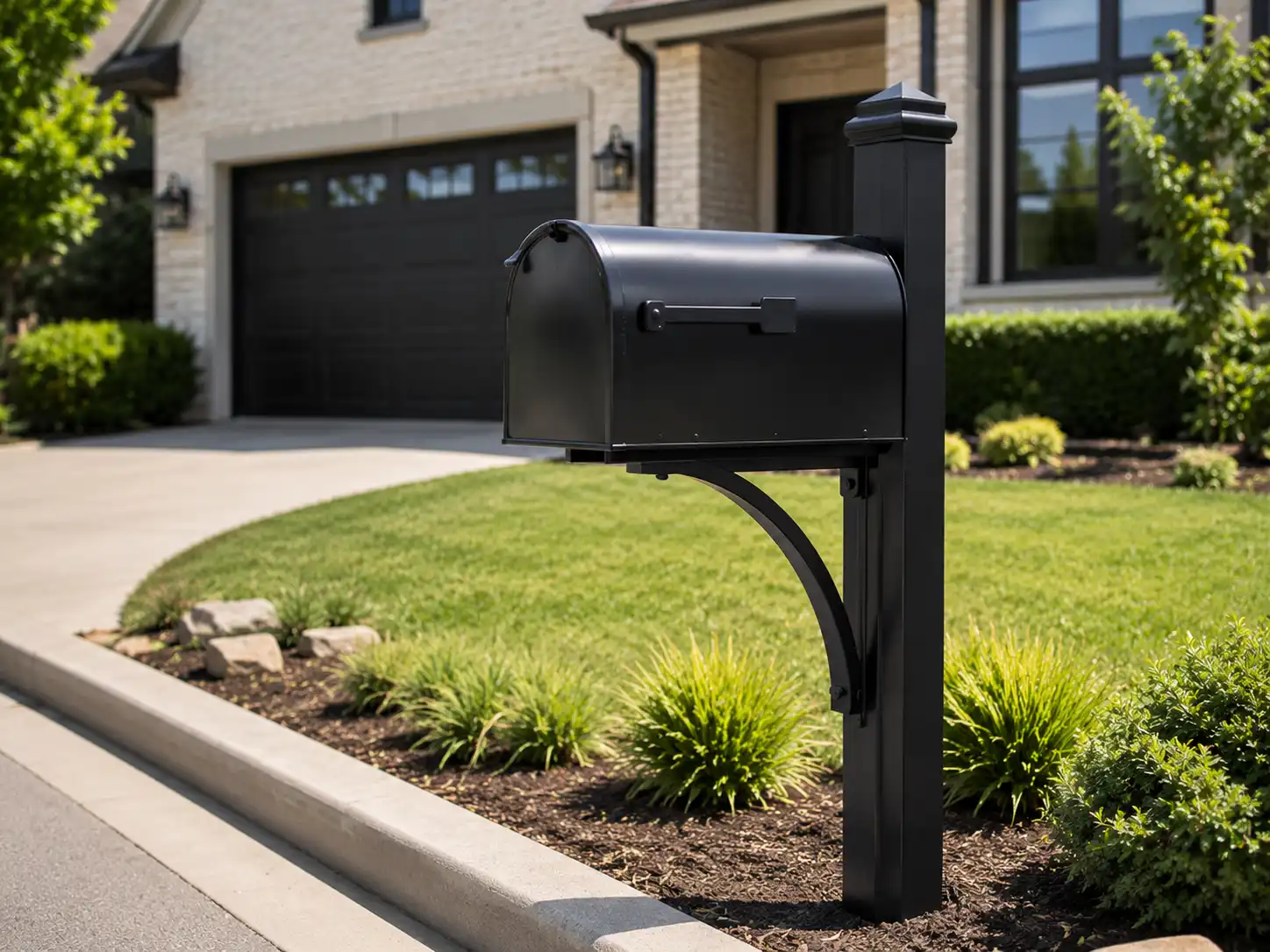 Black steel mailbox post installed beside a driveway for strong and stable residential mail delivery.