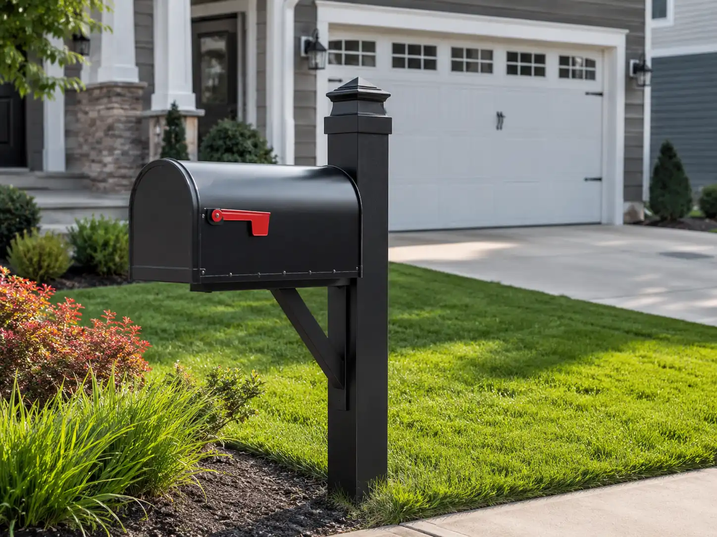 Black powder-coated steel mailbox installed beside a suburban home for durable outdoor mail delivery.