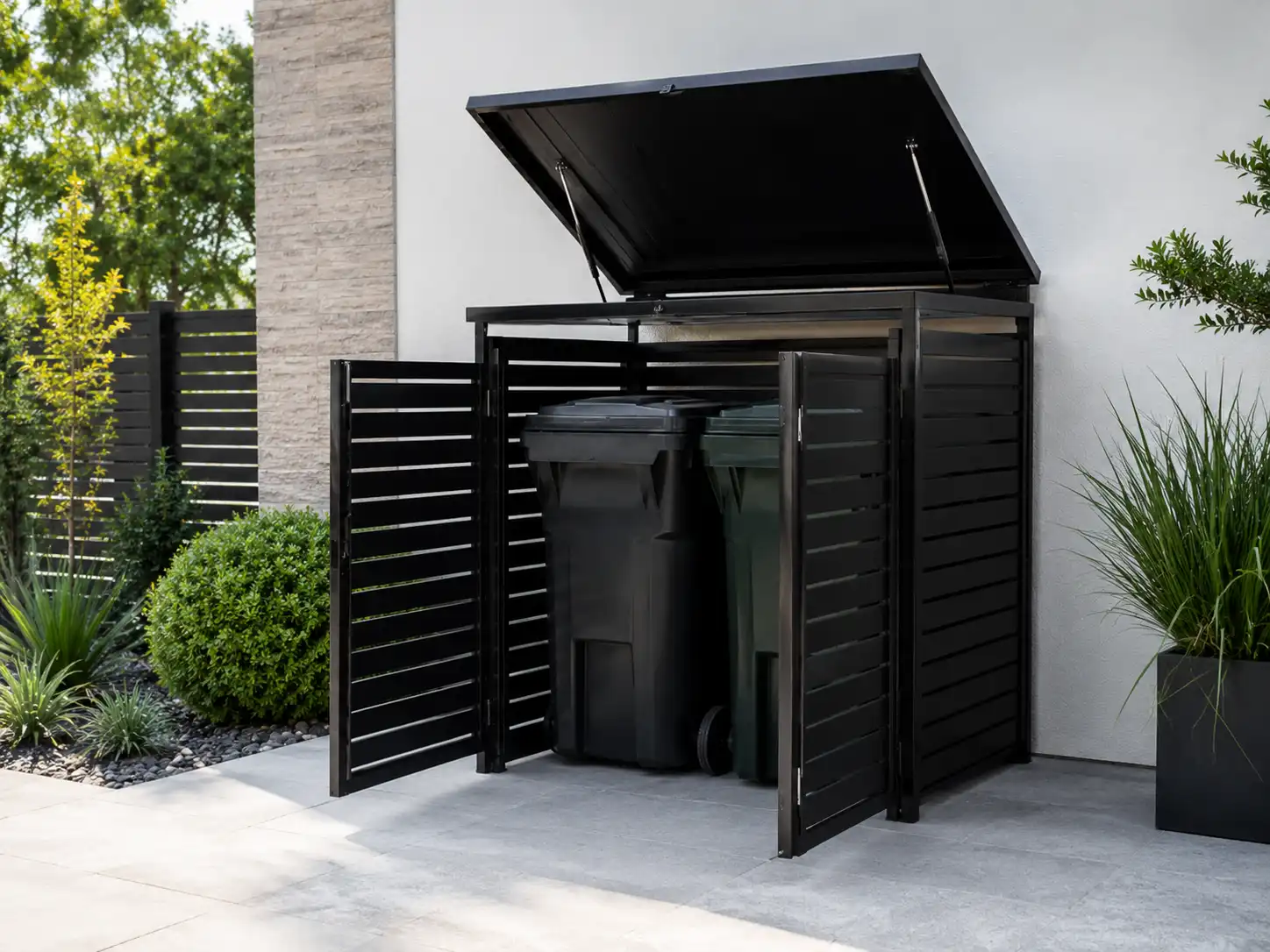 Covered metal trash bin enclosure with front doors and a hydraulic lift-up top
