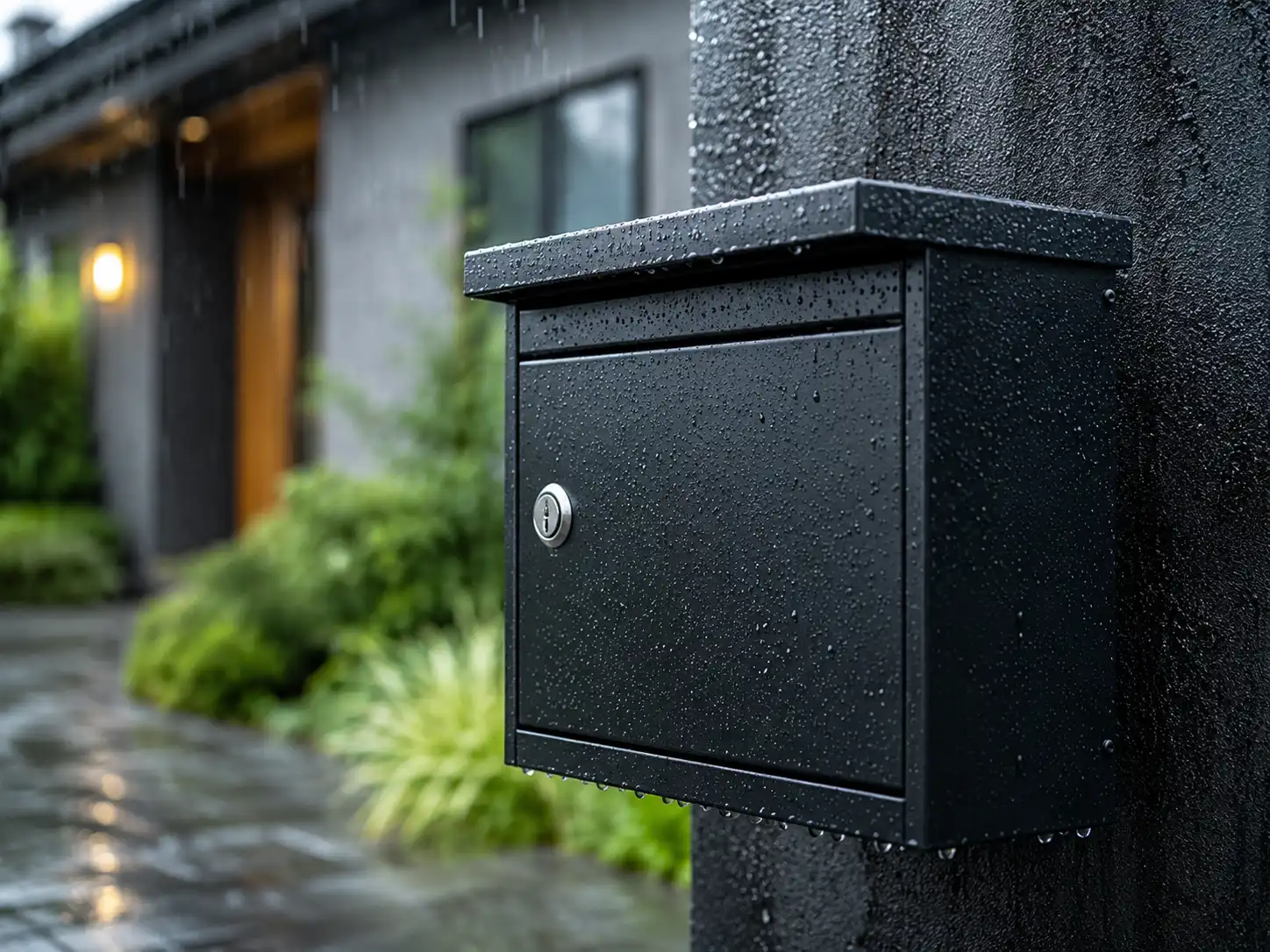 Black locking mailbox in rainy weather showing outdoor weather resistance and mail protection