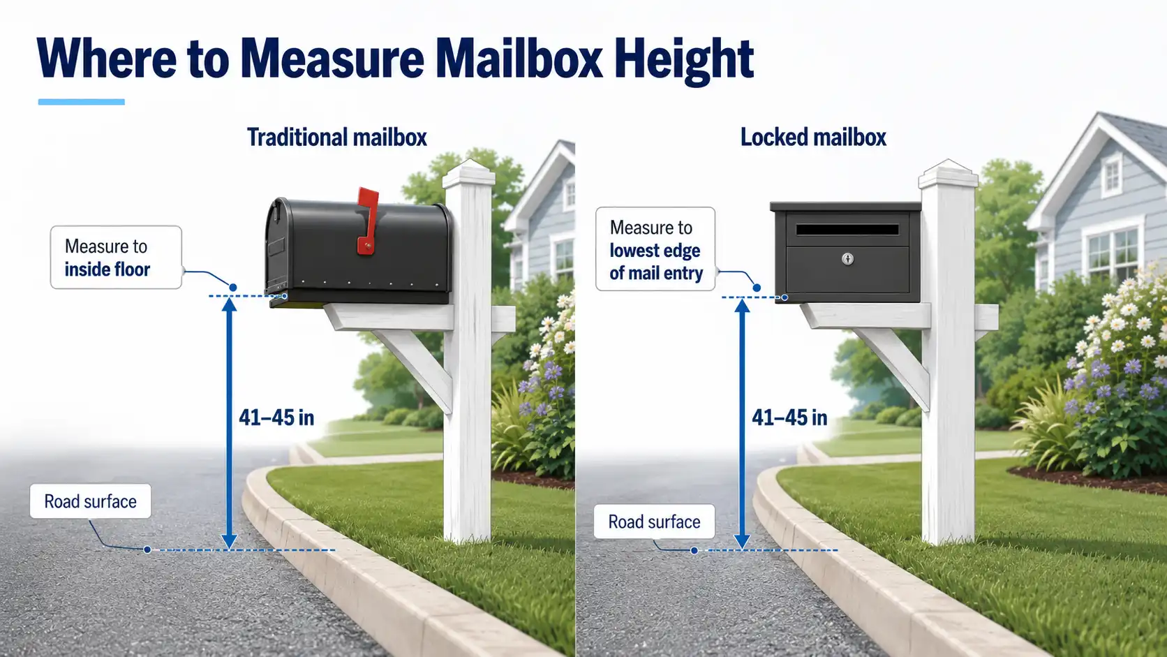Comparison showing mailbox height measured to the inside floor of a traditional mailbox and the lowest mail-entry edge of a locked mailbox