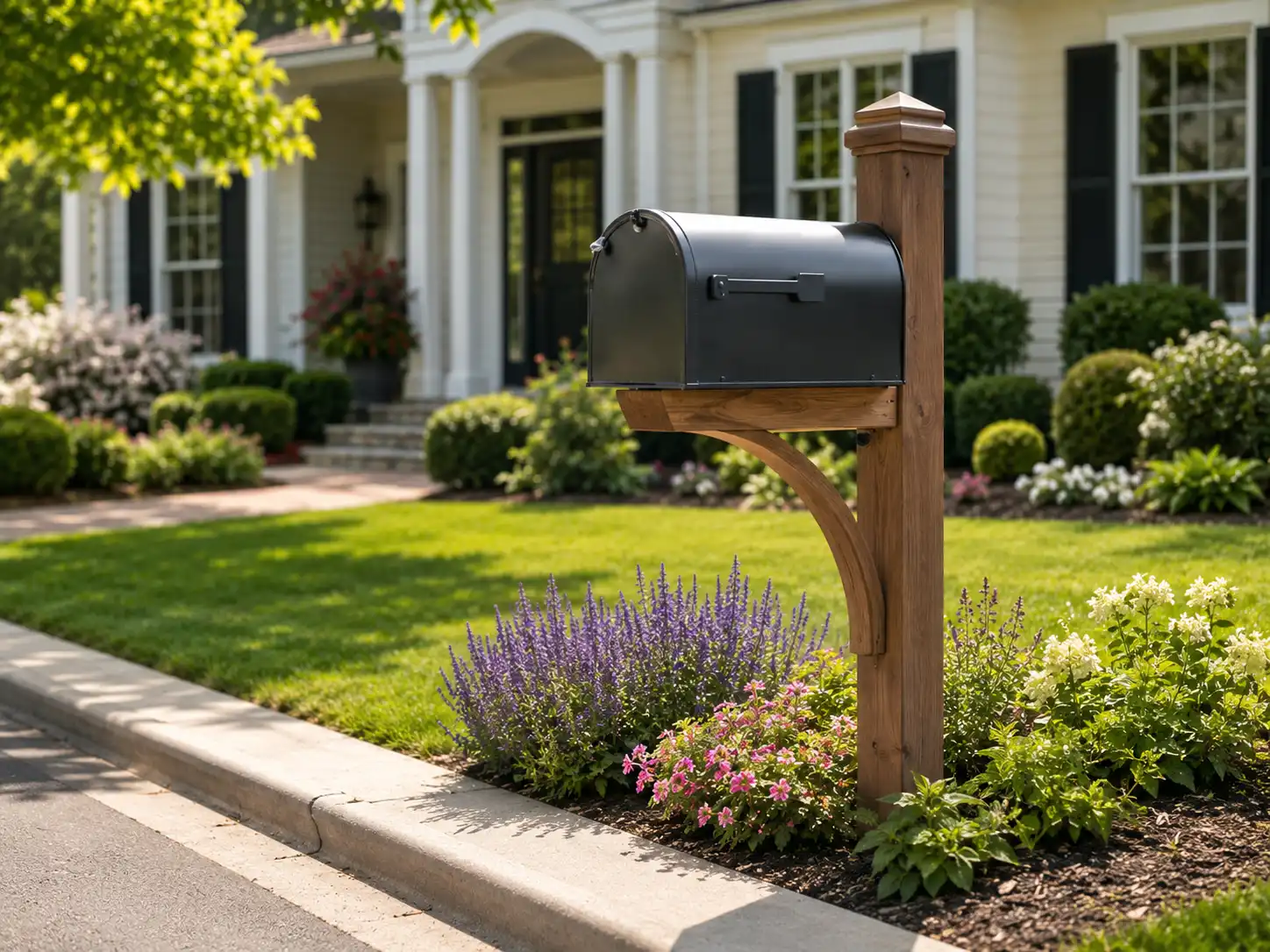 Wooden mailbox post supporting a black curbside mailbox in a traditional residential garden setting.
