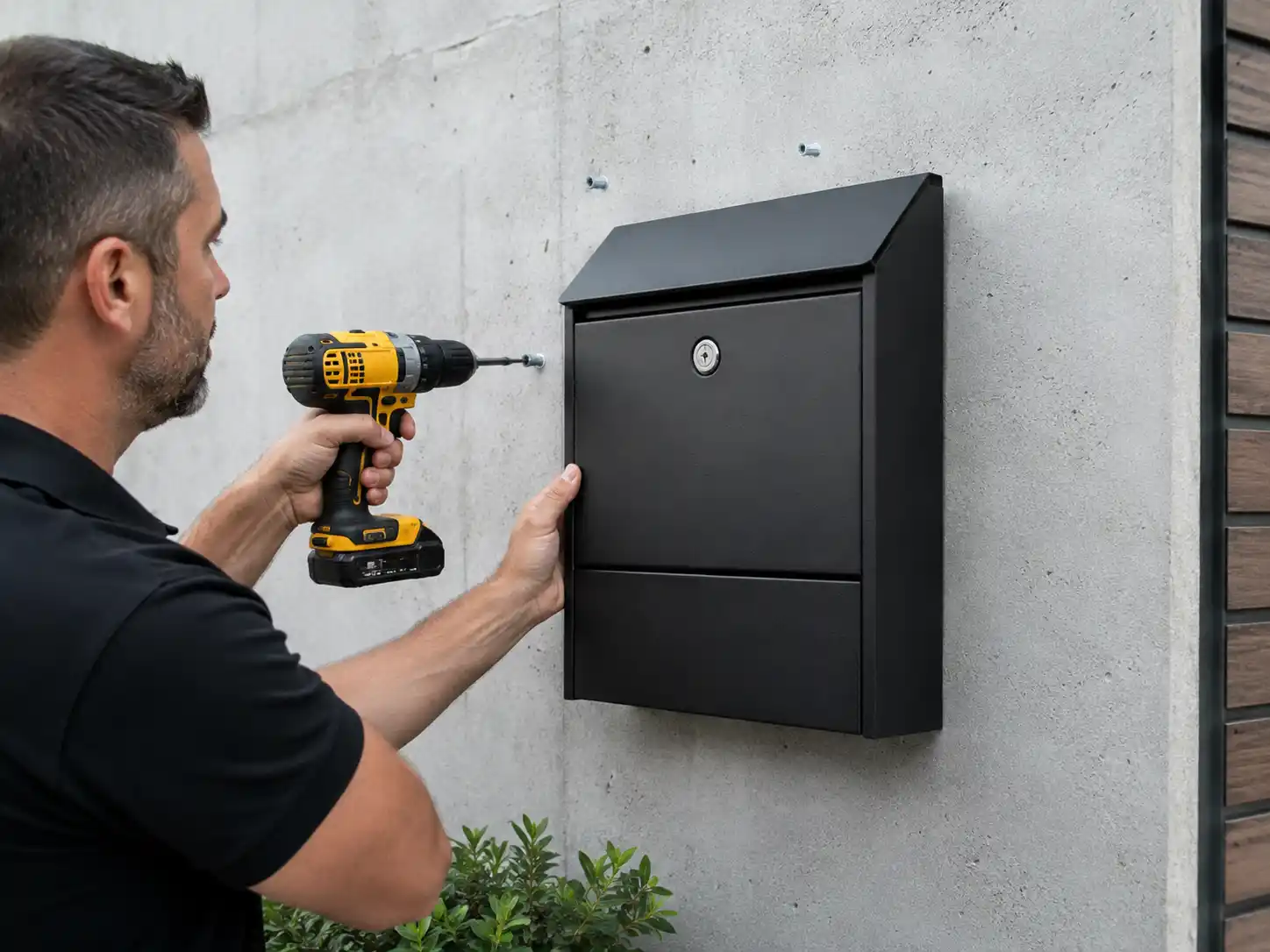 Installing a black wall-mounted mailbox on vinyl siding with structural backing and spacers