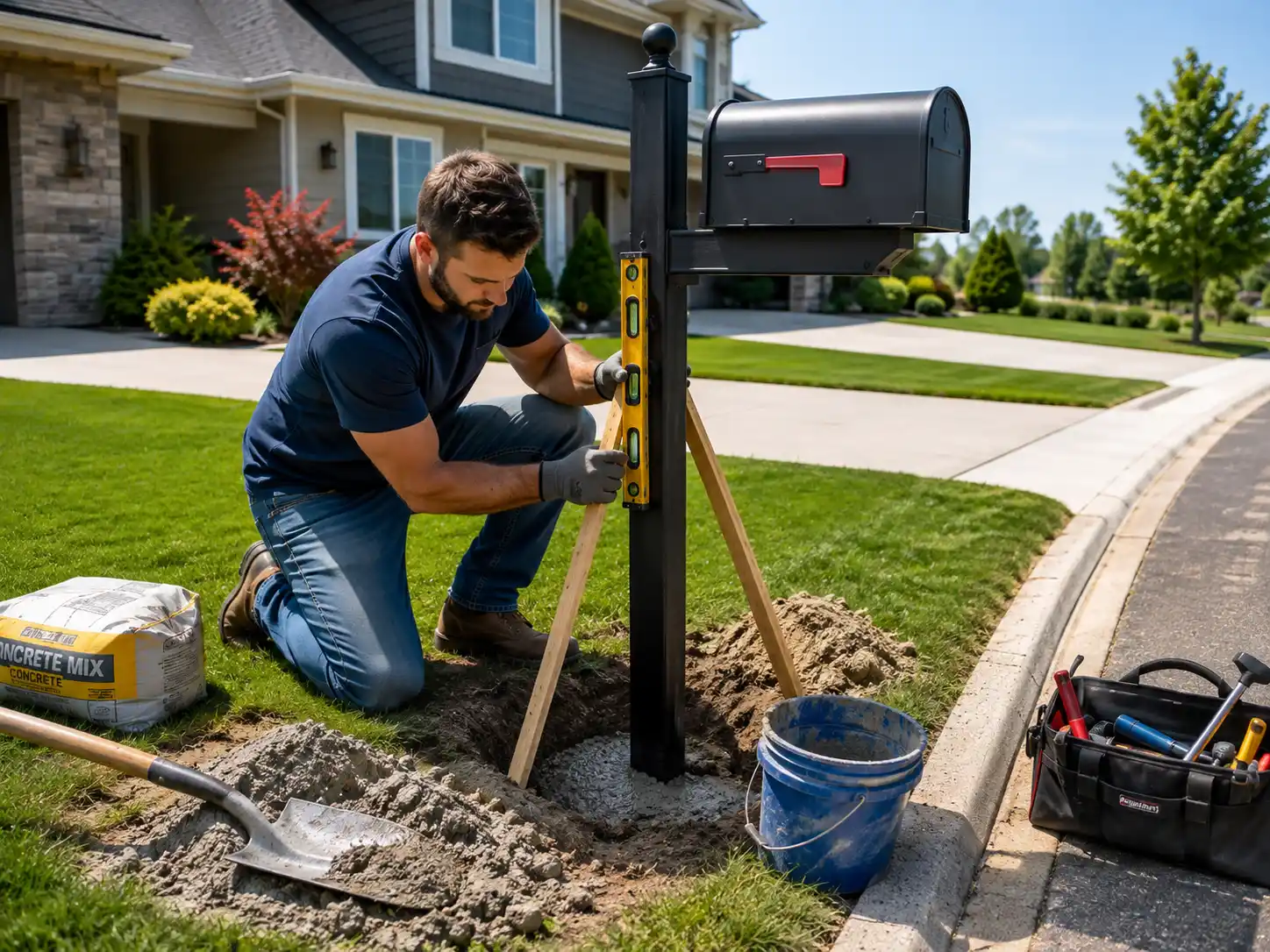 Mailbox post being leveled and secured with concrete beside a curb